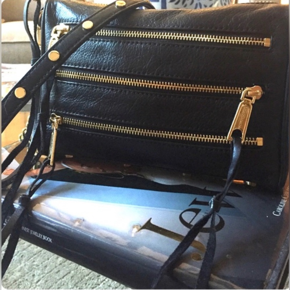 Rebecca minkoff crossbody black leather bag gold hardware and chain 5 zip